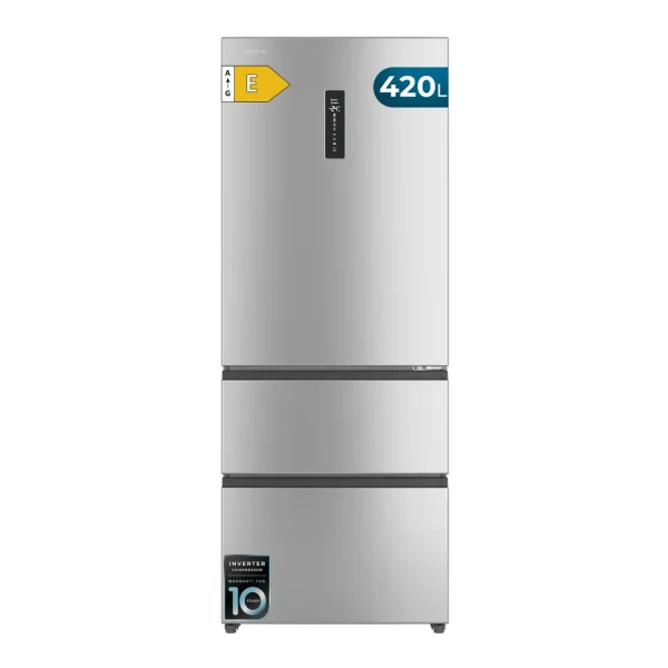 Frigorífico Cecotec Bolero CoolMarket FD 420 Inox E de puerta francesa en acabado acero inoxidable con pantalla digital táctil