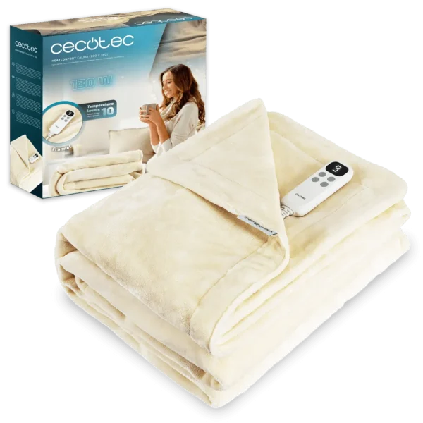 Manta eléctrica doble Cecotec HeatConfort Calma de 200x180 cm extendida mostrando su suave tejido y mando de control