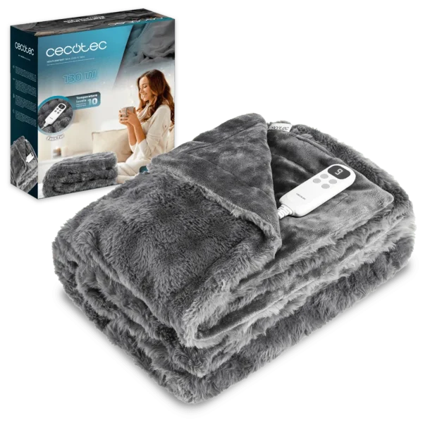 Manta eléctrica doble Cecotec HeatConfort Noa de 200 x 180 cm color gris extendida sobre la cama