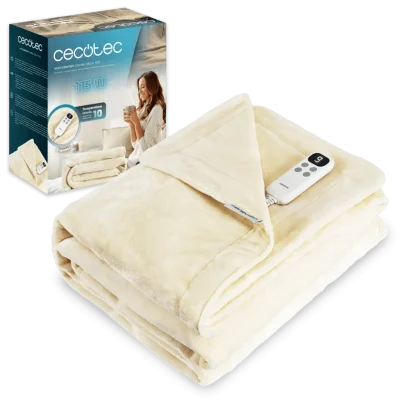 Manta eléctrica Cecotec HeatConfort Calma de 160 x 130 cm extendida sobre una superficie mostrando su tejido térmico suave y mando de control