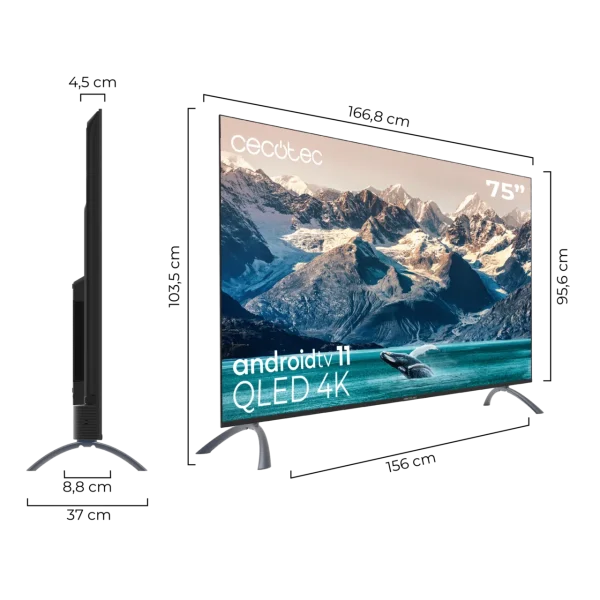 Imagen 3 Disfruta de la TV QLED V2 series VQU20075S de 75 pulgadas con resolución 4K UHD, Android TV 11, Google Assistant y Chromecast para una experiencia inmersiva.