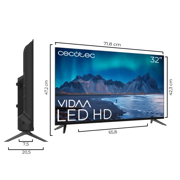 Imagen 3 Smart TV Cecotec de 32 pulgadas con resolución HD, sistema operativo VIDAA y sonido Dolby. Conectividad HDMI y USB para un entretenimiento inteligente y compacto.